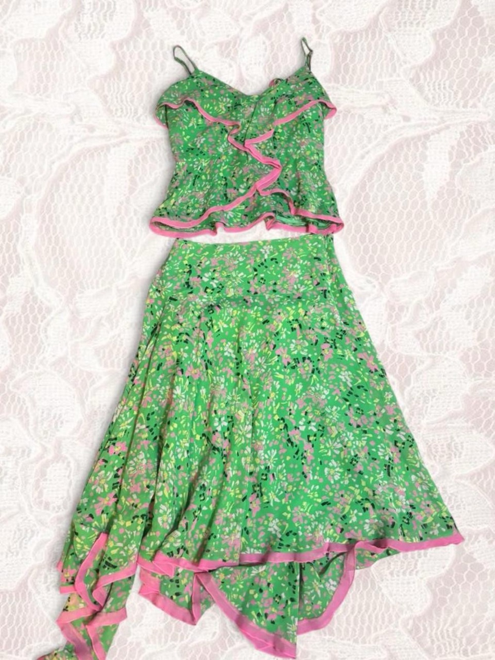 BCBGMaxAzria Green Floral Asymmetrical Skirt & Top with Pink Trim